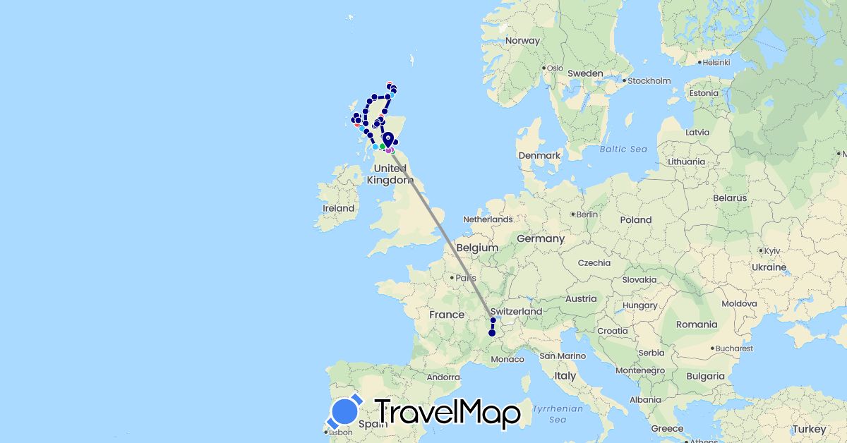TravelMap itinerary: driving, bus, plane, train, hiking, boat in Switzerland, France, United Kingdom (Europe)