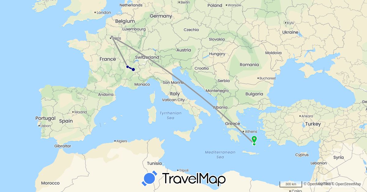 TravelMap itinerary: driving, bus, plane, hiking, boat in France, Greece (Europe)