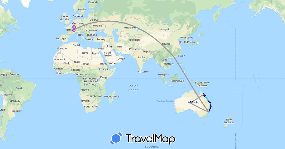 TravelMap itinerary: driving, bus, plane, train, boat in Australia, Switzerland, France, Hong Kong (Asia, Europe, Oceania)